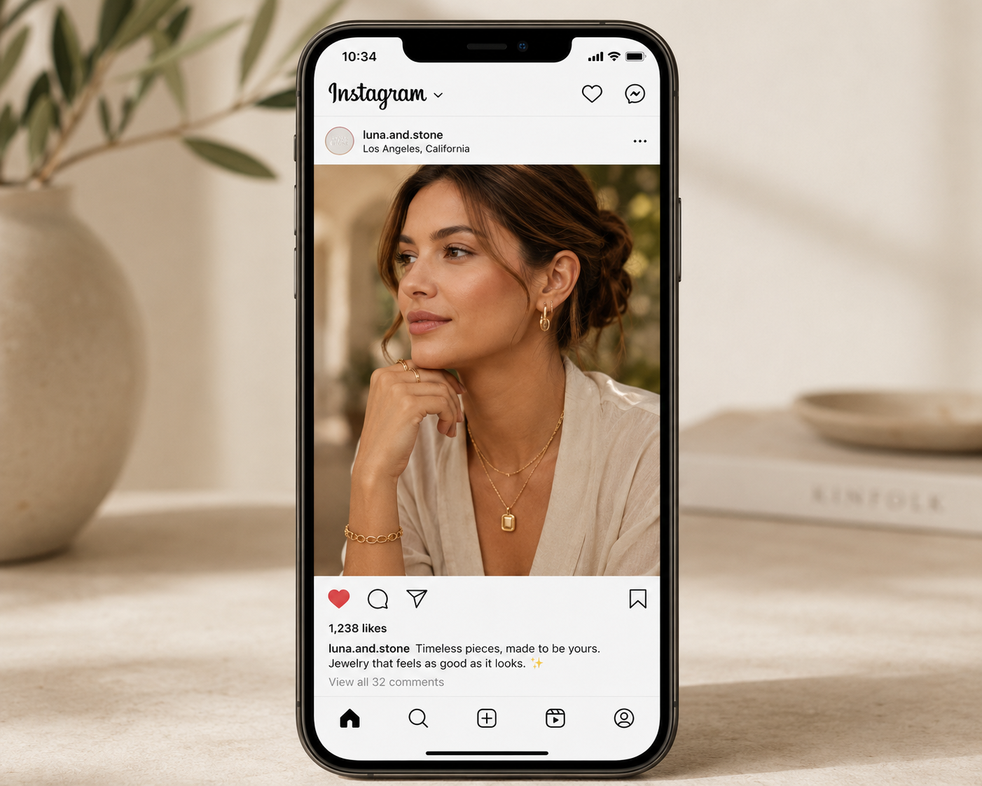 A smartphone displaying an Instagram feed with a portrait-oriented 4:5 lifestyle jewelry shot