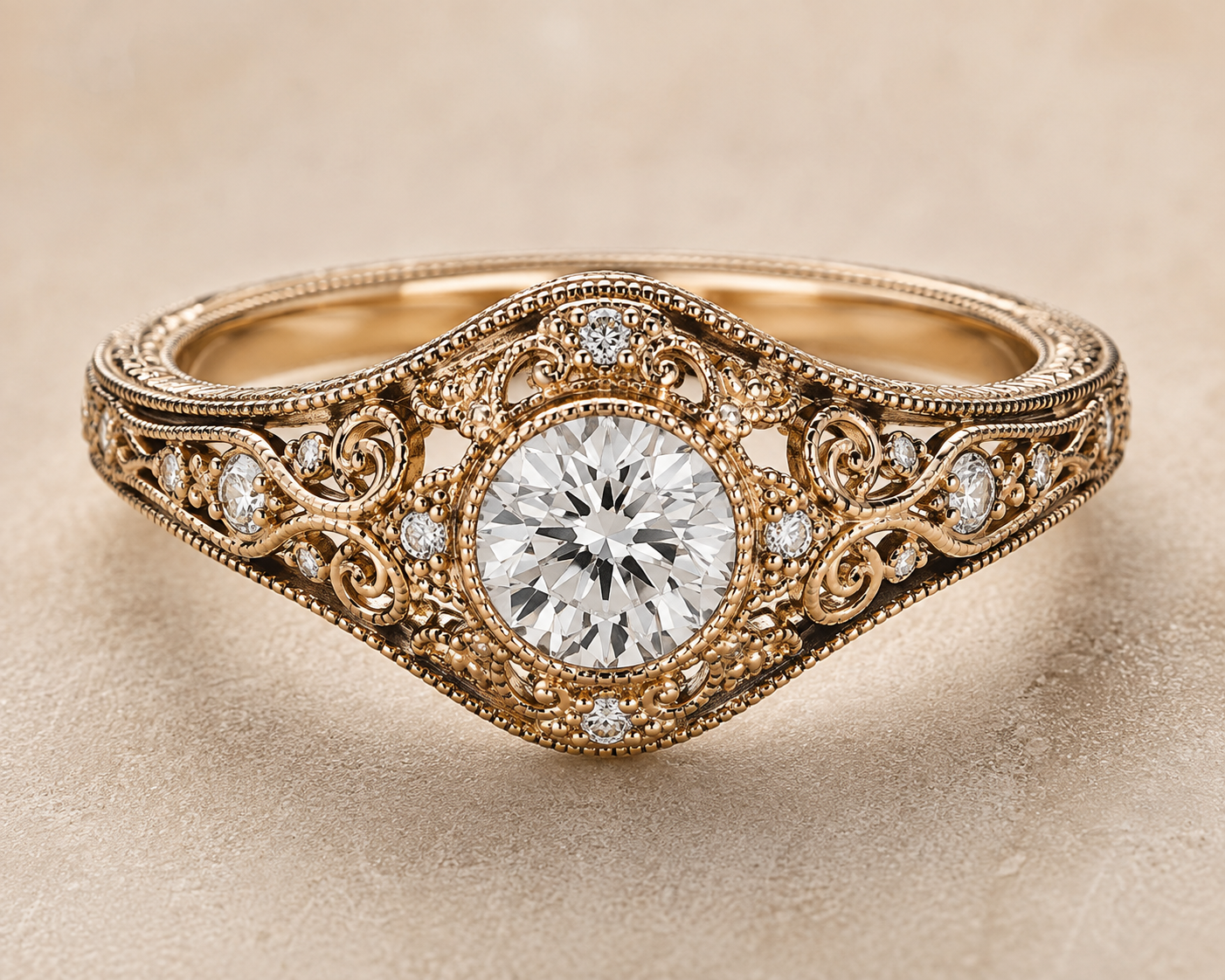A highly detailed focus-stacked image of a vintage-style ring showing perfectly sharp milgrain edges and intricate filigree