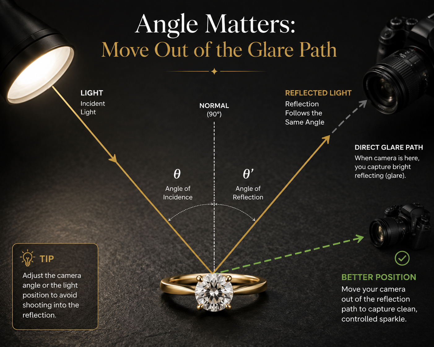 Diagram illustrating the angle of incidence and reflection, demonstrating how to move the camera out of the direct glare path