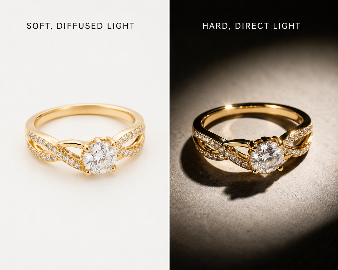 Split-screen visual showing a gold ring in soft, shadowless light versus the same ring under a hard, direct spotlight with crisp shadows