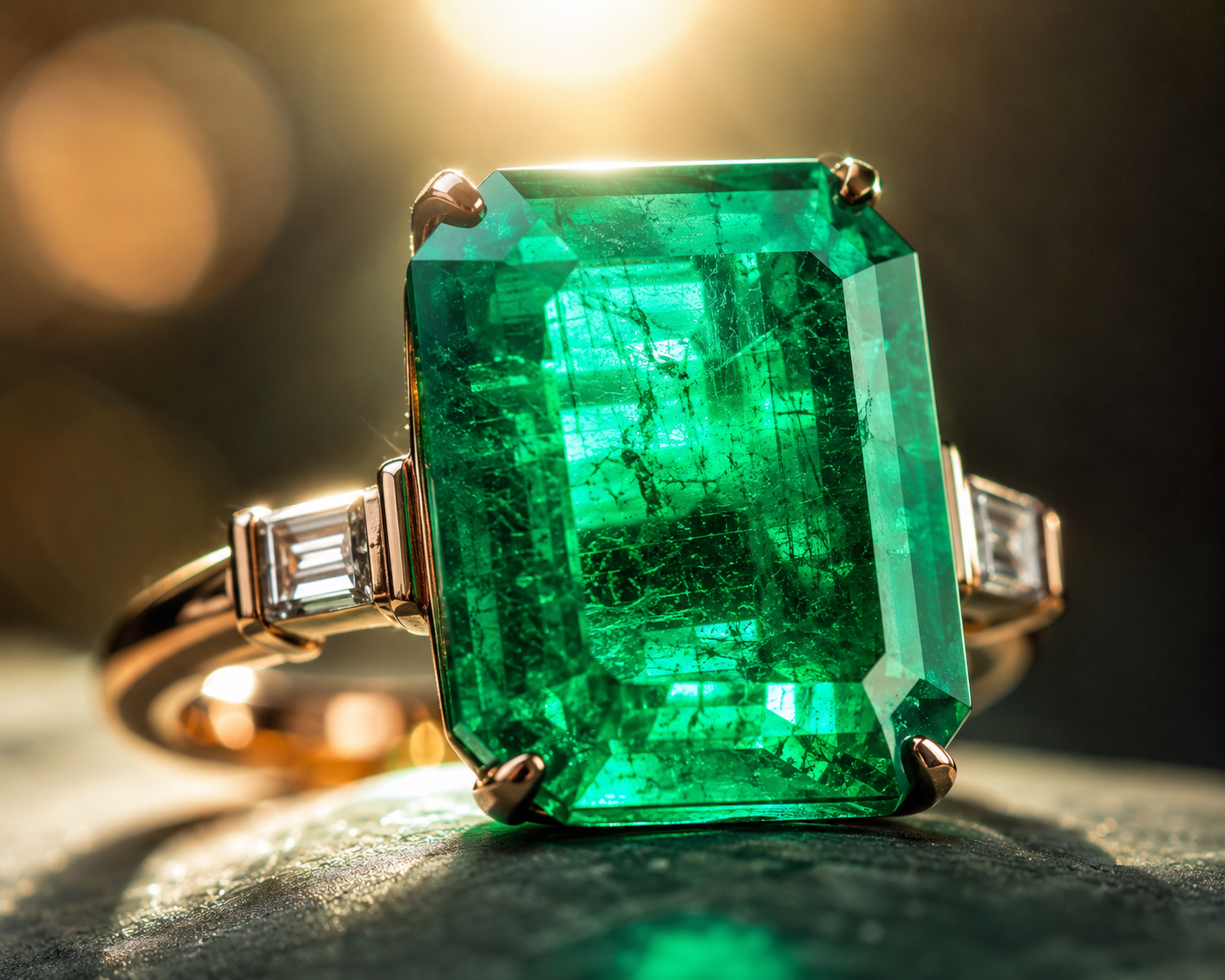 A close-up of an emerald ring illuminated from behind, showcasing glowing green translucency and internal crystal structure