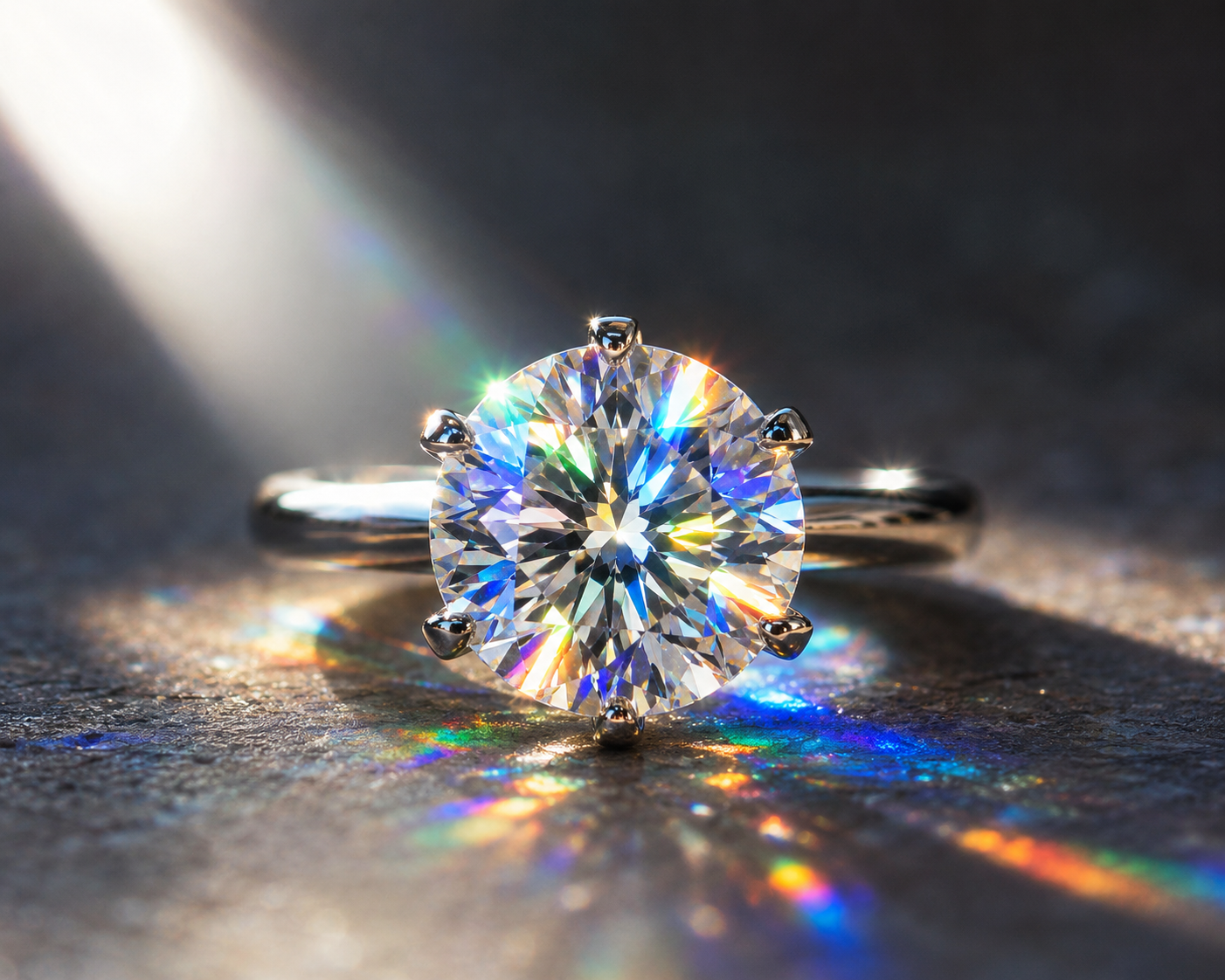 Close-up macro shot of a brilliant round-cut diamond ring catching a bright beam of light, showing vivid spectral colors