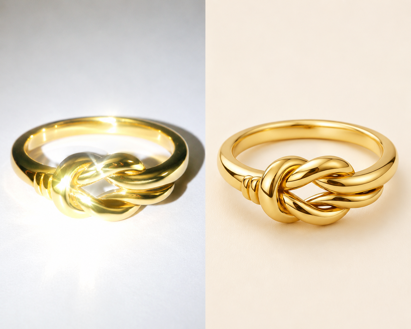 Side-by-side comparison of a gold ring showing harsh glare on the left and smooth, evenly diffused lighting on the right