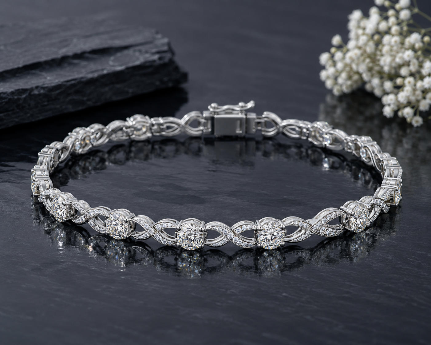 A sleek silver and diamond bracelet reflecting beautifully on a polished, dark charcoal slate background