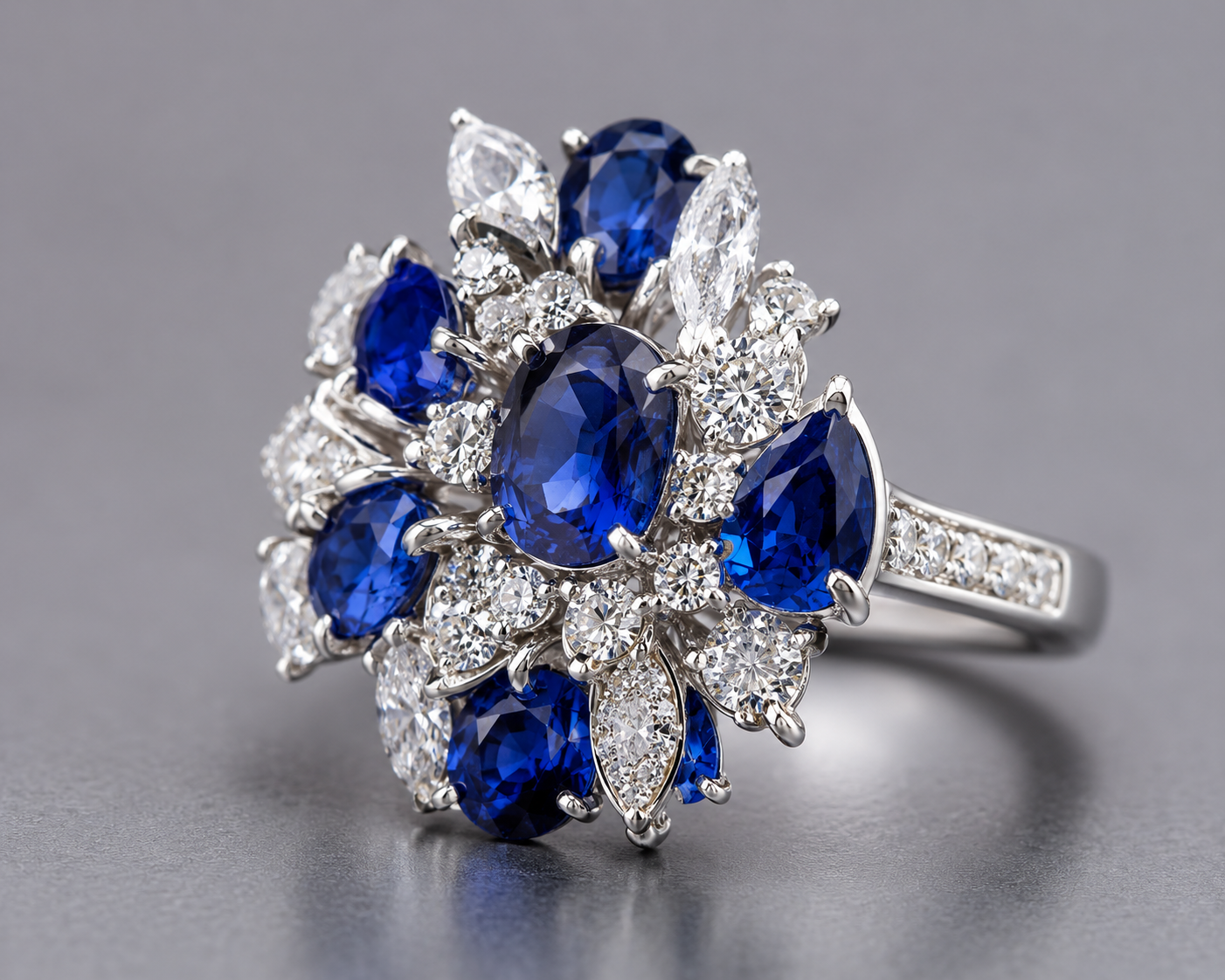 A high-end minimalist macro shot of a complex sapphire and diamond cluster ring resting on a smooth grey surface