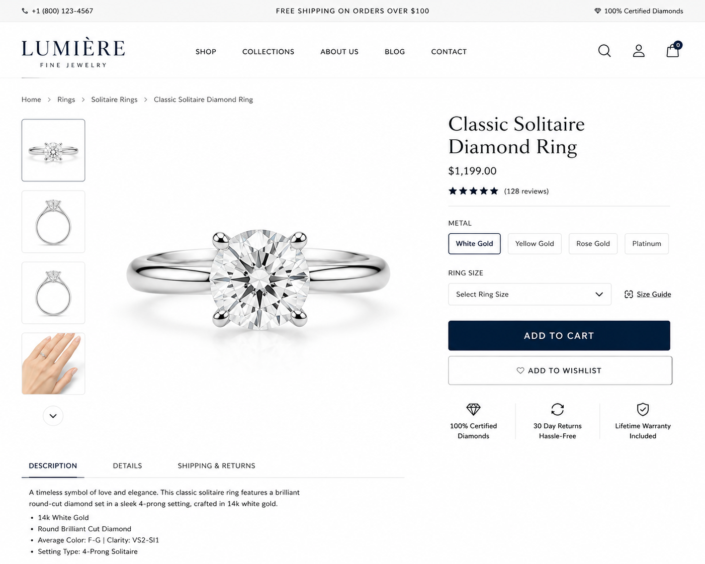 A clean e-commerce product page layout featuring a white gold ring on a pure white background with a dark blue Add to Cart button