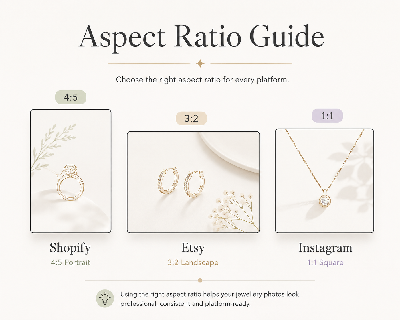 Graphic showing side-by-side aspect ratio outlines labeled for Shopify, Etsy, and Instagram