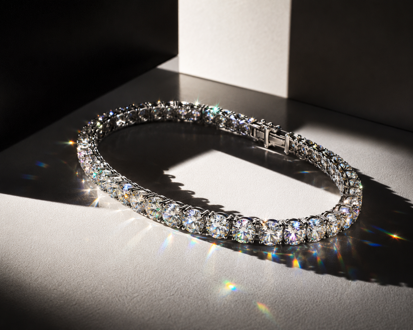 An edgy, high-fashion editorial shot of a diamond tennis bracelet under hard direct lighting, casting sharp shadows and flashing vibrant colors