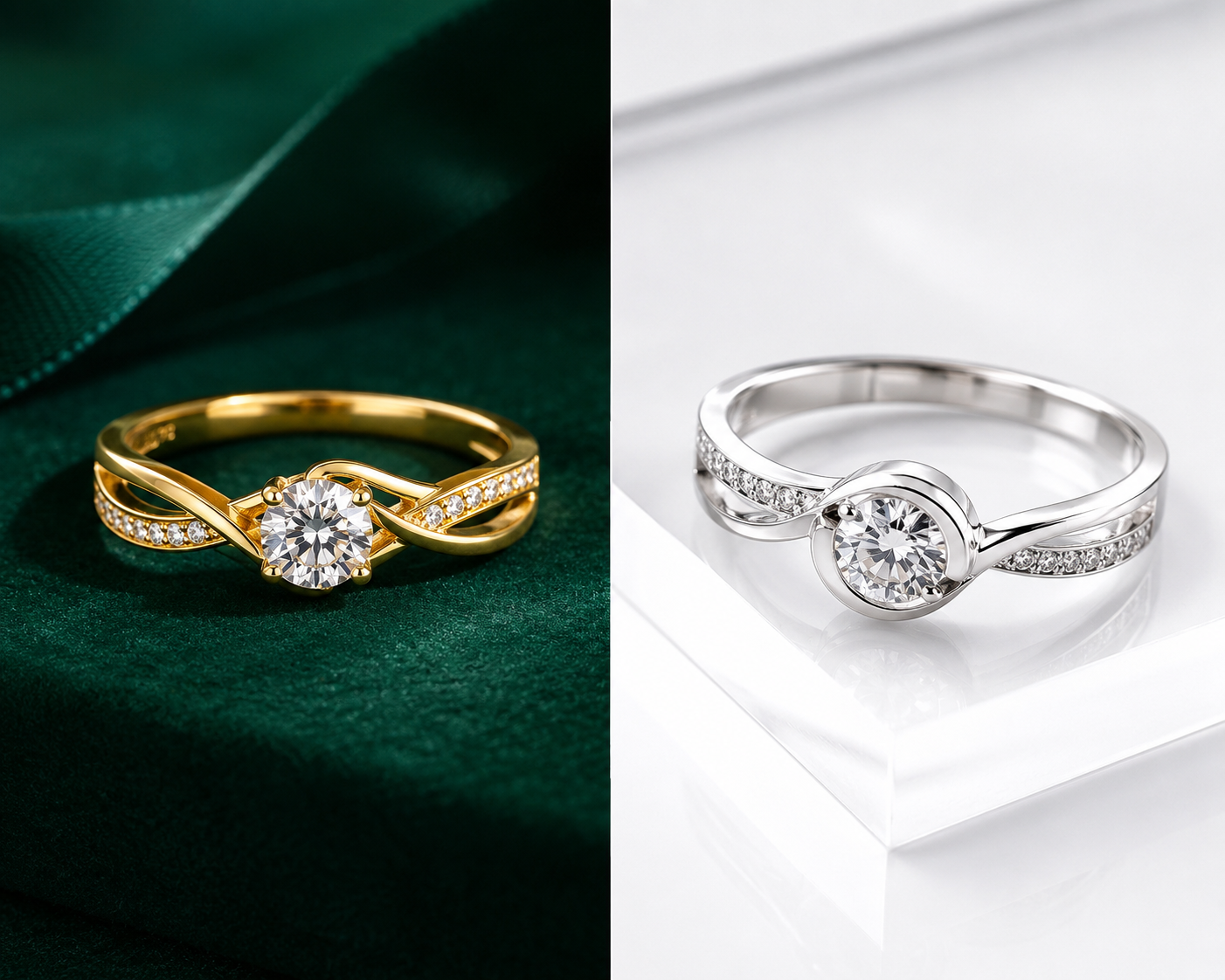 Split-screen visual showing a gold ring on an emerald green background and a silver ring on a crisp white acrylic background