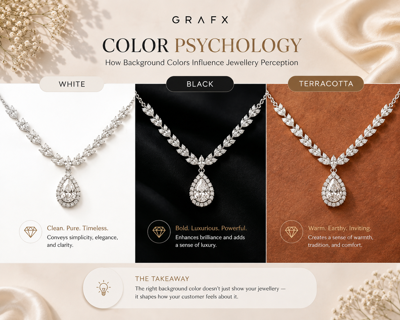 A mood board showing a diamond necklace styled on stark white, deep black, and warm terracotta backgrounds to illustrate color psychology