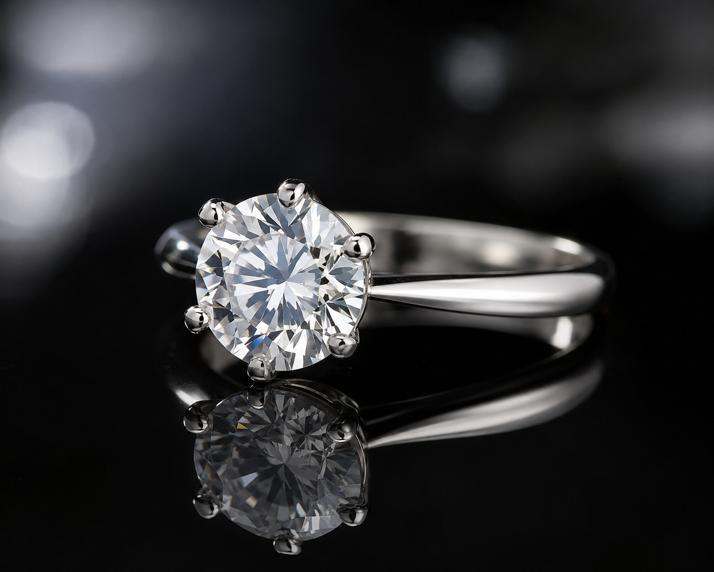 A beautifully angled diamond engagement ring resting on a glossy black reflective surface, highlighting the depth and facet structure
