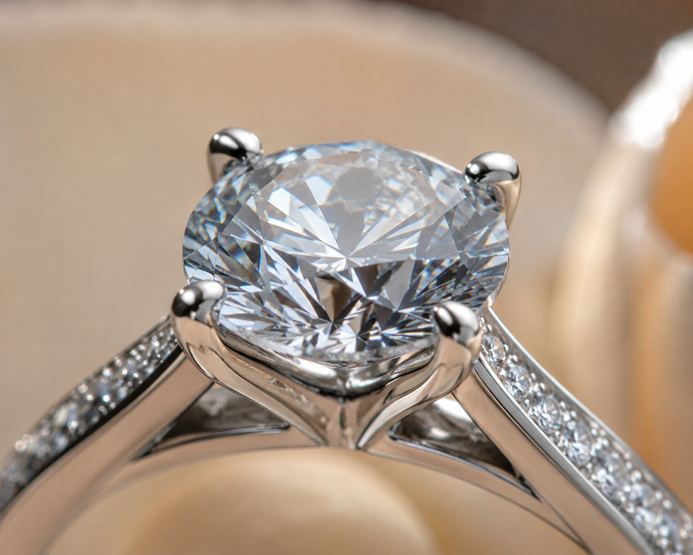 A dramatic, ultra-close-up macro shot of a diamond engagement ring highlighting the sharp details of the prongs