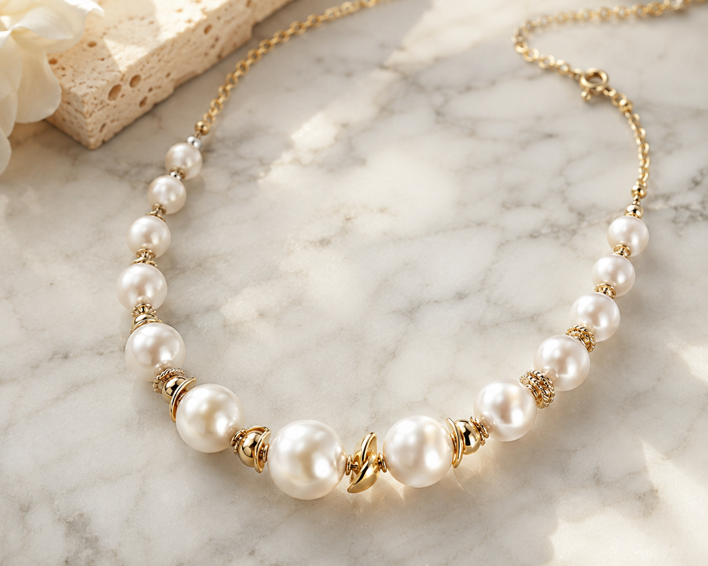 A beautifully lit pearl and yellow gold necklace resting on a marble surface, illuminated by soft, wrapping light