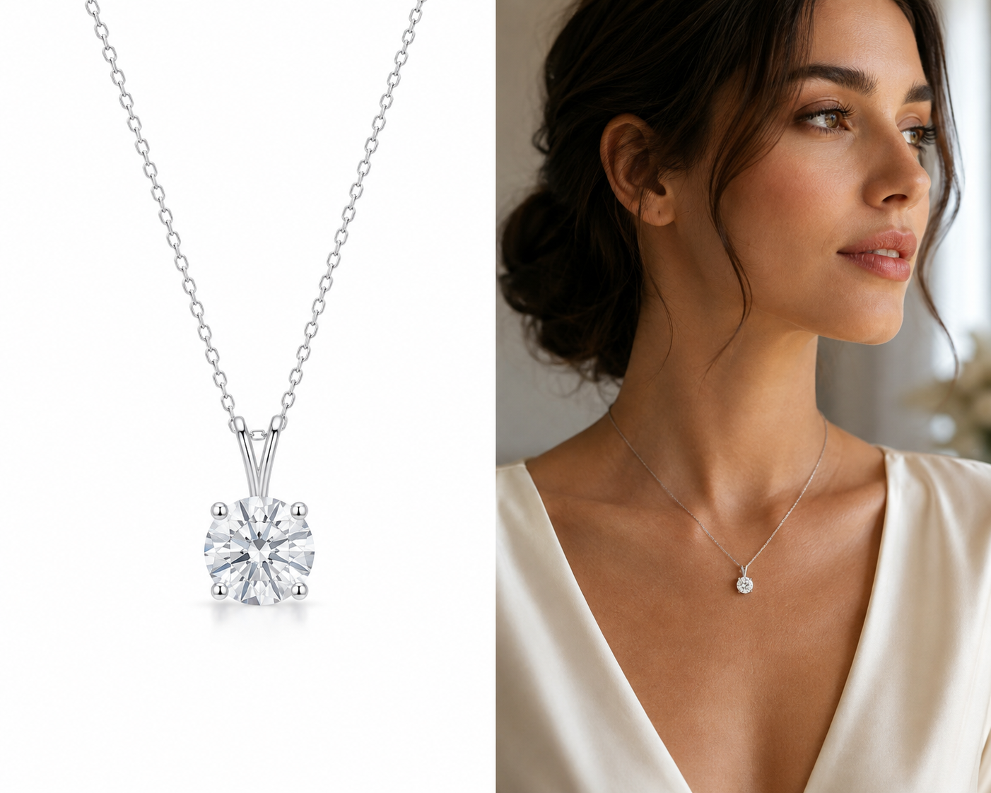 Split-screen visual showing a minimalist diamond pendant on a white background versus a lifestyle shot of a model wearing the pendant