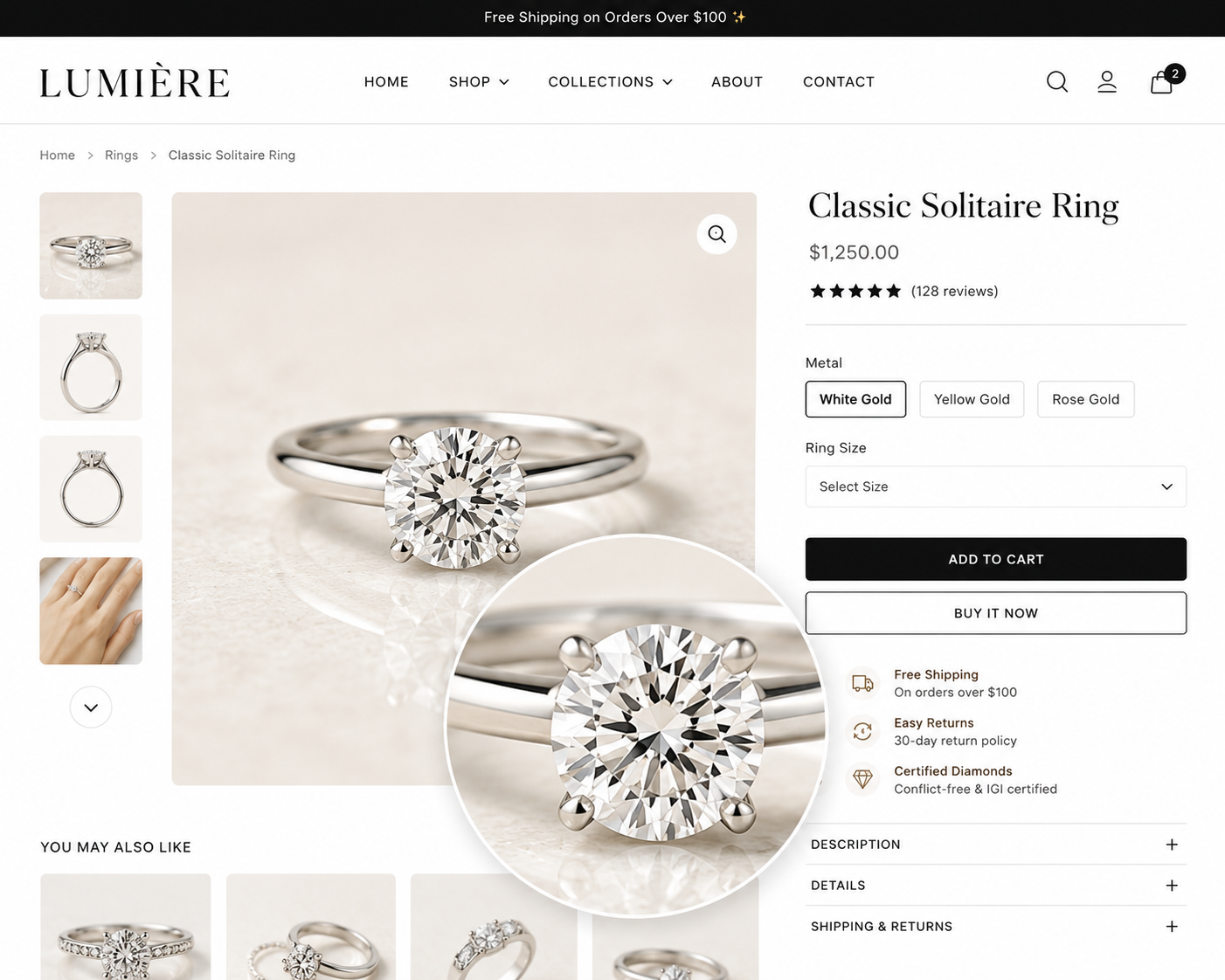 A perfectly framed square product photo of a diamond ring on a Shopify product page with a zoom hover effect