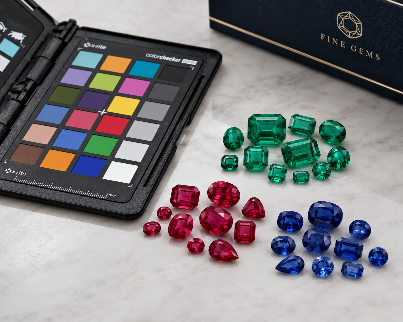 A vibrant collection of loose emeralds, rubies, and sapphires sitting next to a professional color calibration checker card