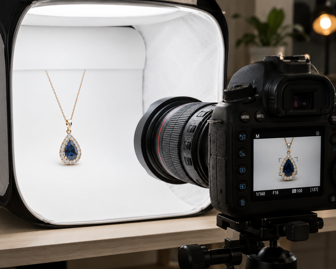 DSLR camera with a macro lens mounted on a tripod, pointing closely at a gemstone pendant in a photography light tent